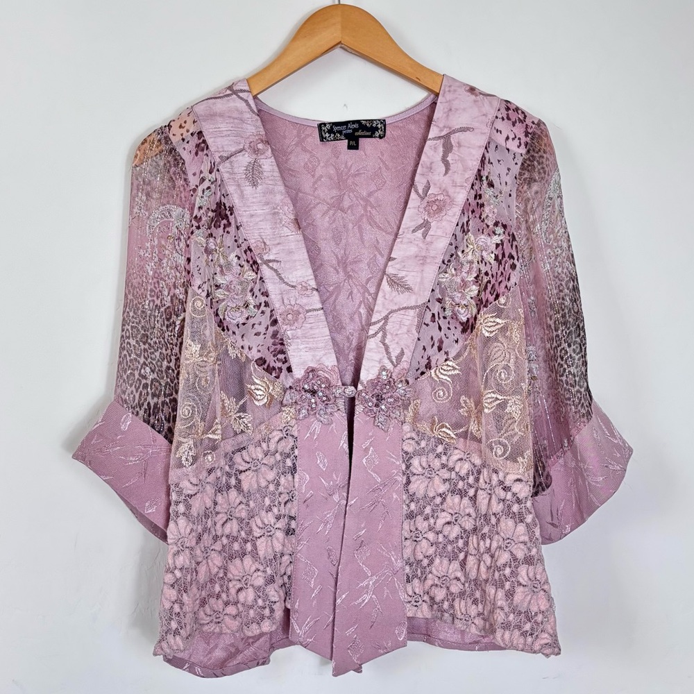 Vintage Pink Leopard Print Floral Lace Kimono Cardigan Top Fairy Coquette Whimsi